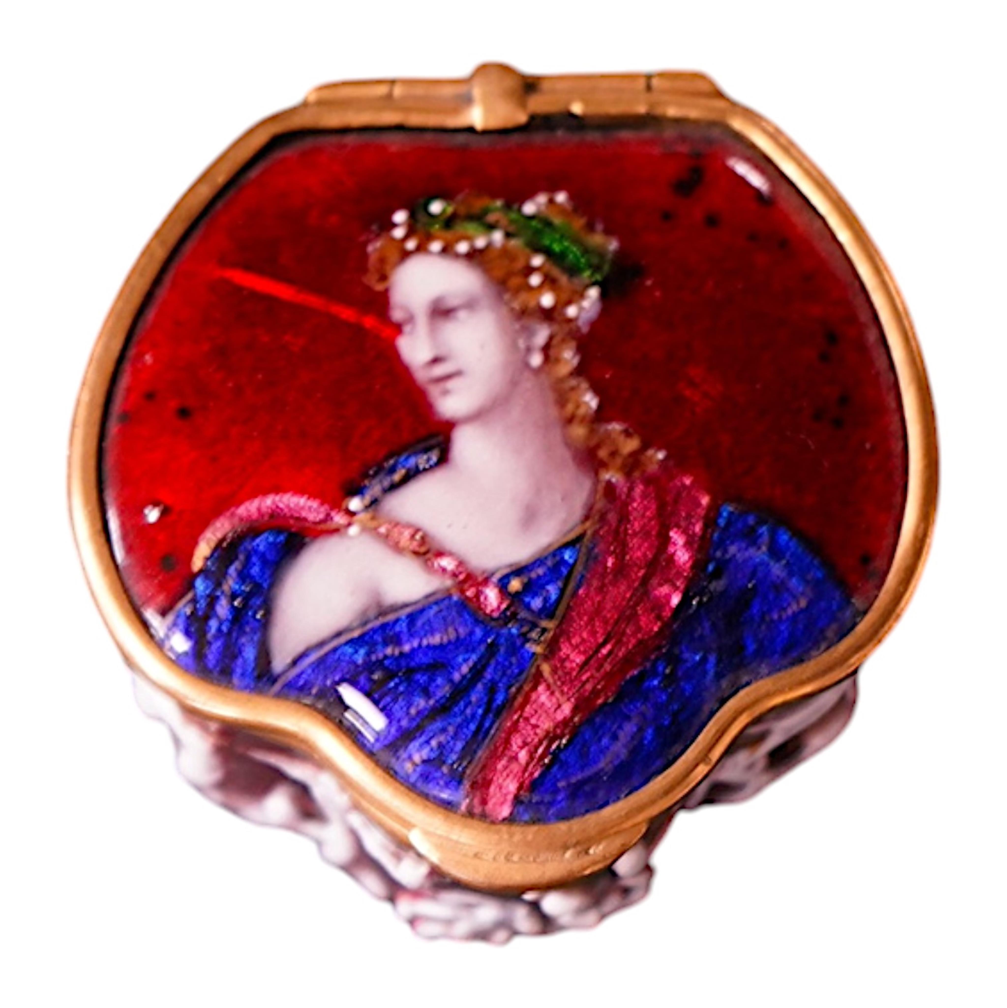 A Theophile Soyer style enamel box, 4cm high. Condition - good